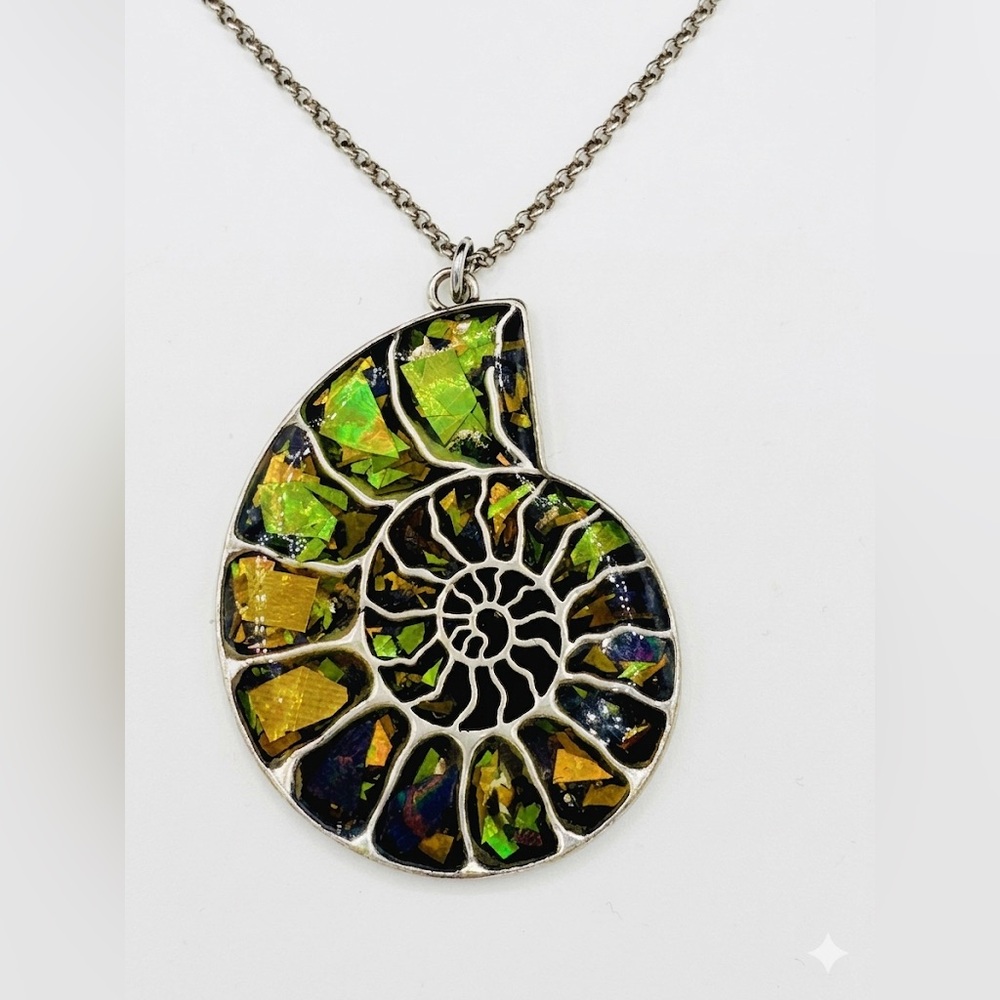 Ammonite Statement Necklace, Iridescent Shell Pendant, Large Fossil Jewelry